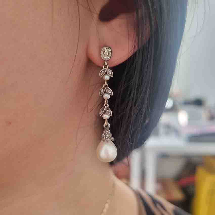Antique Natural Pearl and Diamond Drop Earrings