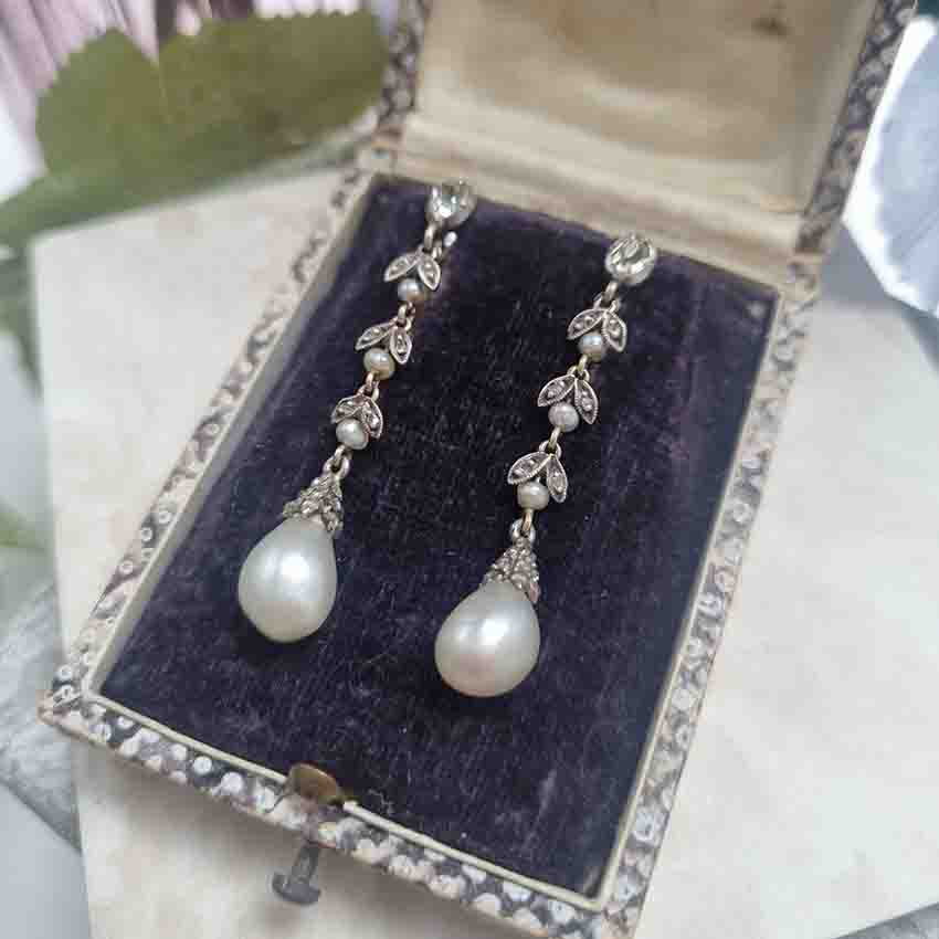 Antique Natural Pearl and Diamond Drop Earrings