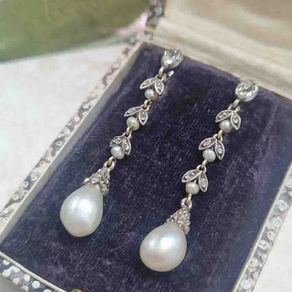 Antique Natural Pearl and Diamond Drop Earrings