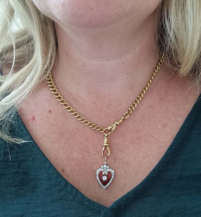 Victorian Antique Red Enamel and Diamond Heart Pendant