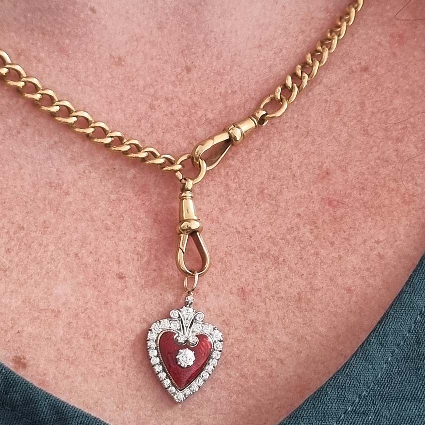 Victorian Antique Red Enamel and Diamond Heart Pendant
