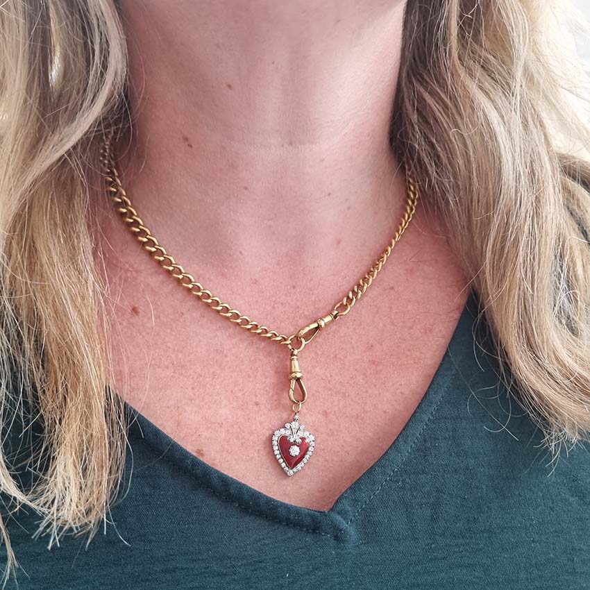 Victorian Antique Red Enamel and Diamond Heart Pendant