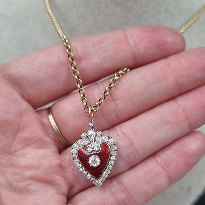 Victorian Antique Red Enamel and Diamond Heart Pendant
