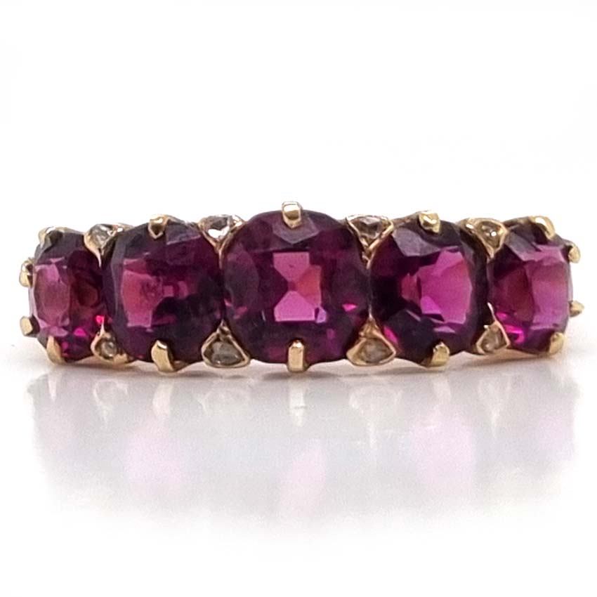 Victorian Antique Garnet Five Stone Ring with Diamonds