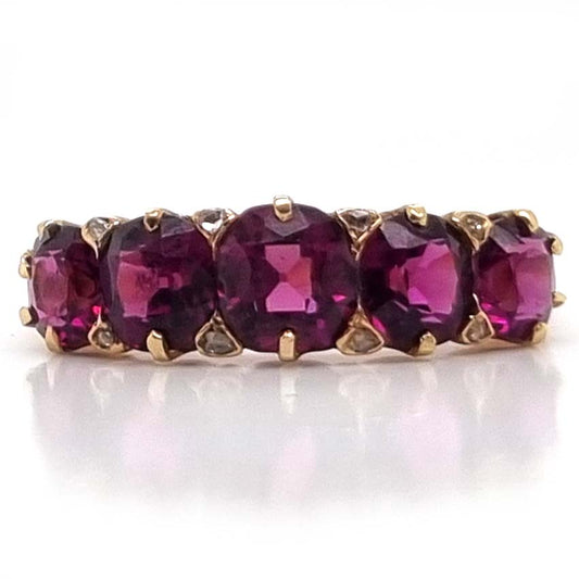 Victorian Antique Garnet Five Stone Ring with Diamonds