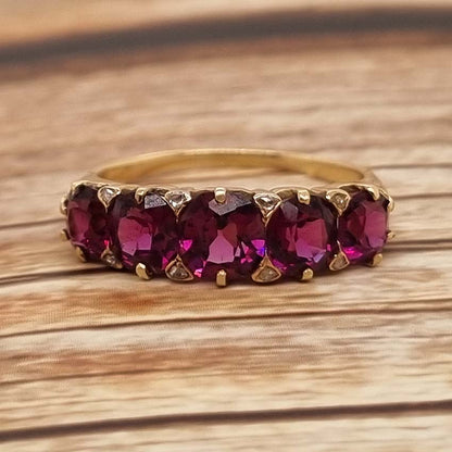 Victorian Antique Garnet Five Stone Ring with Diamonds
