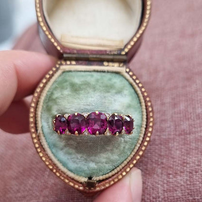 Victorian Antique Garnet Five Stone Ring with Diamonds