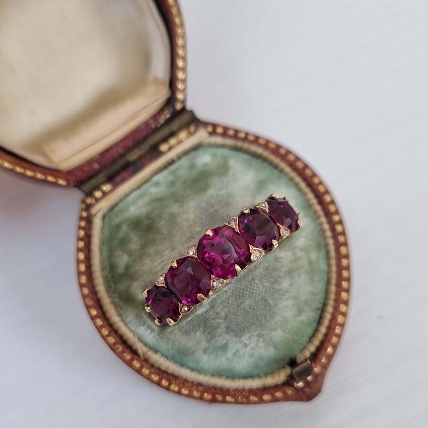 Victorian Antique Garnet Five Stone Ring with Diamonds