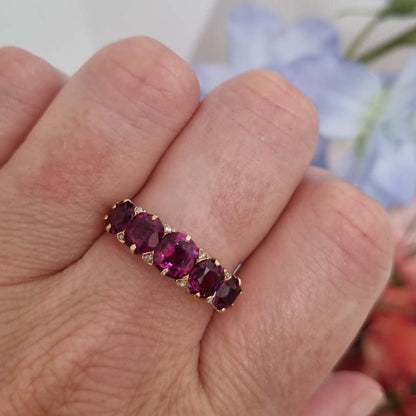 Victorian Antique Garnet Five Stone Ring with Diamonds