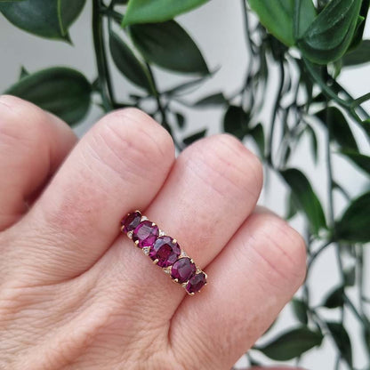 Victorian Antique Garnet Five Stone Ring with Diamonds