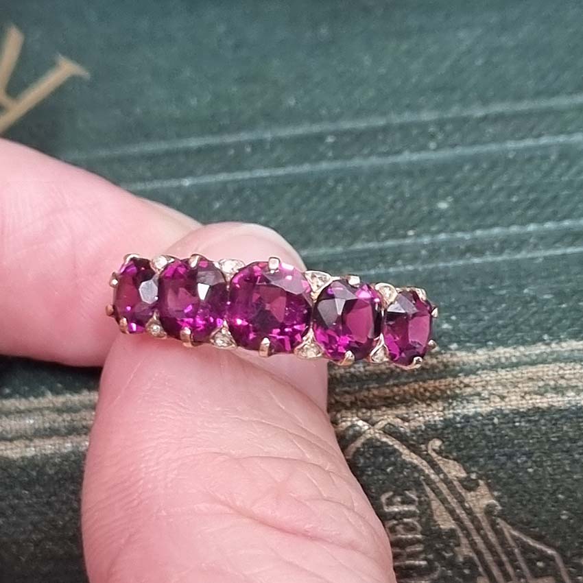Victorian Antique Garnet Five Stone Ring with Diamonds