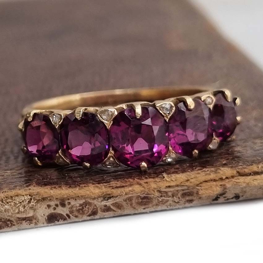 Victorian Antique Garnet Five Stone Ring with Diamonds