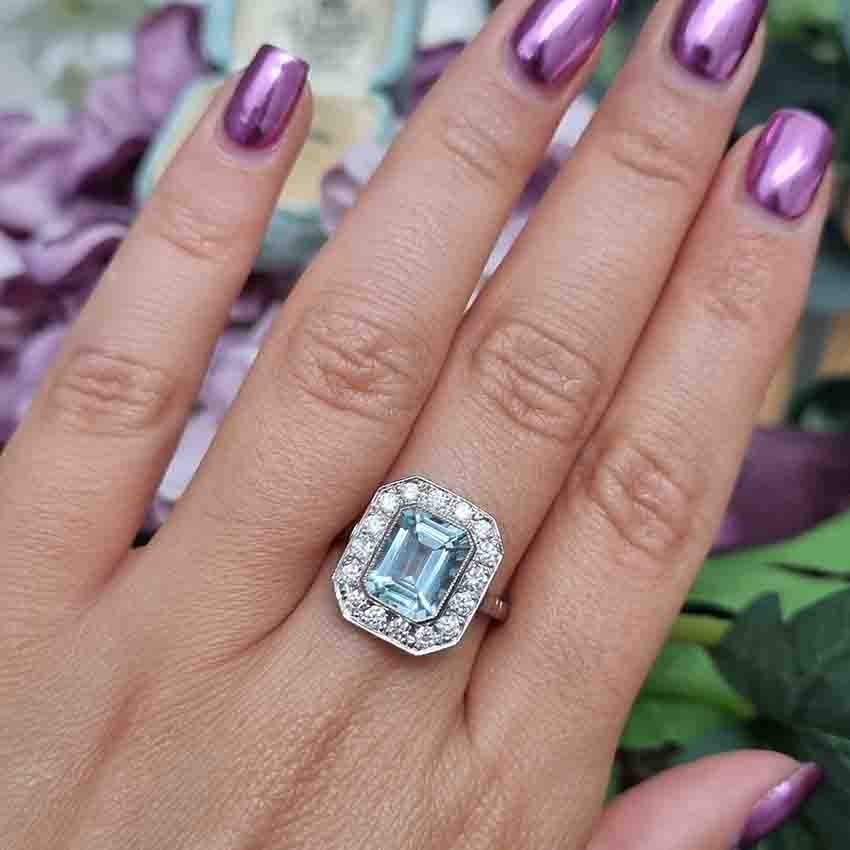 1.75ct Emerald Cut Aquamarine and Diamond Cluster Ring