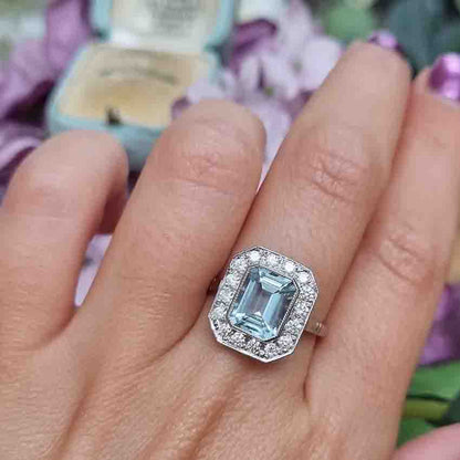 1.75ct Emerald Cut Aquamarine and Diamond Cluster Ring