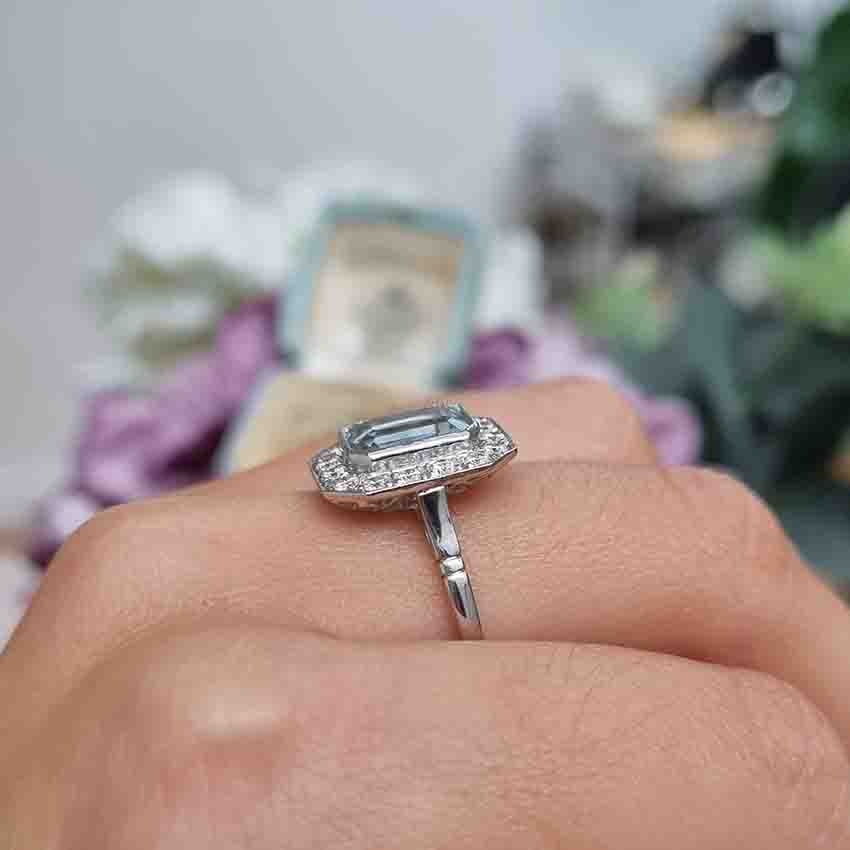 1.75ct Emerald Cut Aquamarine and Diamond Cluster Ring