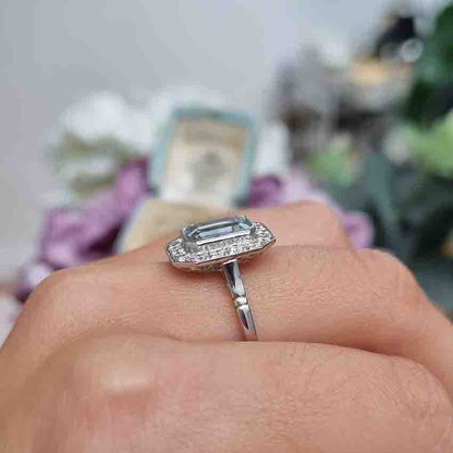 1.75ct Emerald Cut Aquamarine and Diamond Cluster Ring