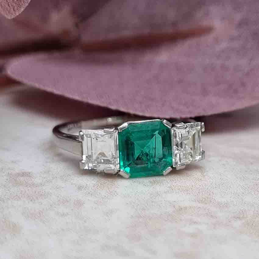 Art Deco Colombian Emerald and Diamond Trilogy Engagement Ring