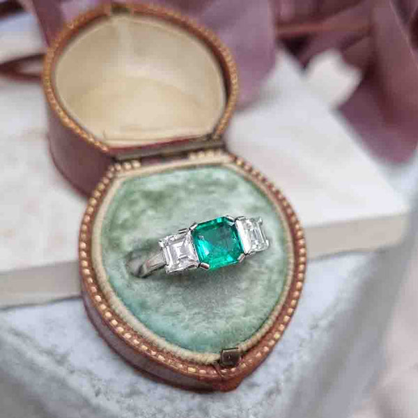 Art Deco Colombian Emerald and Diamond Trilogy Engagement Ring