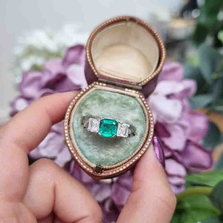 Art Deco Colombian Emerald and Diamond Trilogy Engagement Ring