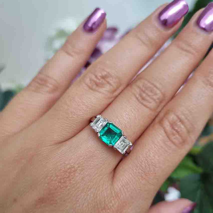 Art Deco Colombian Emerald and Diamond Trilogy Engagement Ring