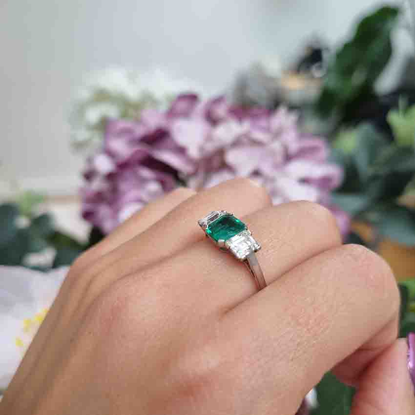 Art Deco Colombian Emerald and Diamond Trilogy Engagement Ring