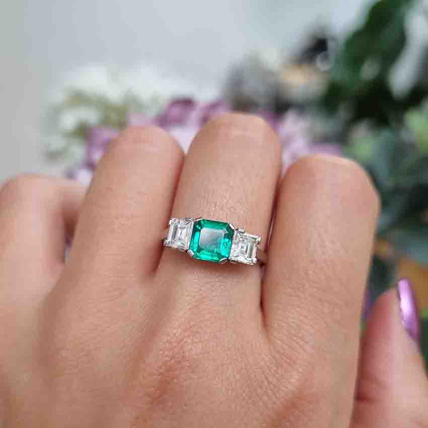 Art Deco Colombian Emerald and Diamond Trilogy Engagement Ring