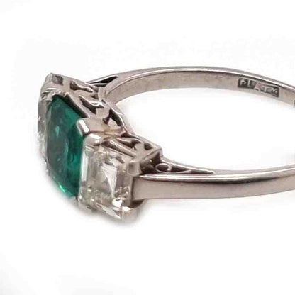 Art Deco Colombian Emerald and Diamond Trilogy Engagement Ring