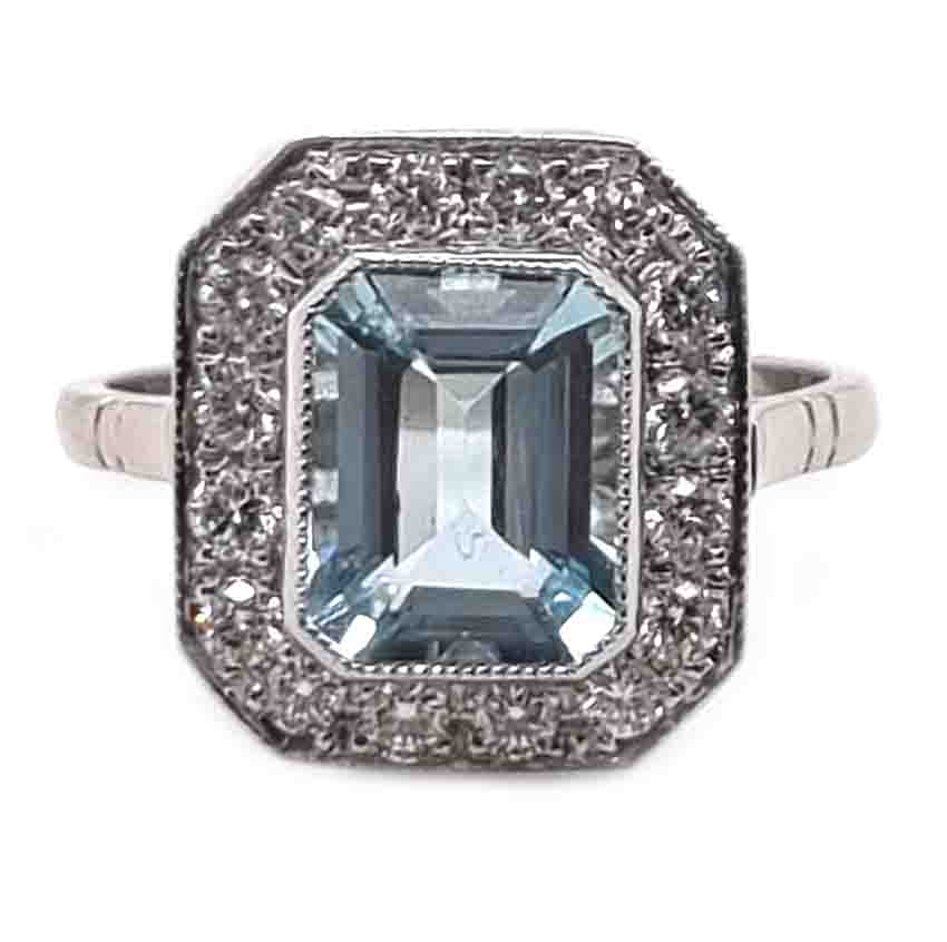 1.75ct Emerald Cut Aquamarine and Diamond Cluster Ring