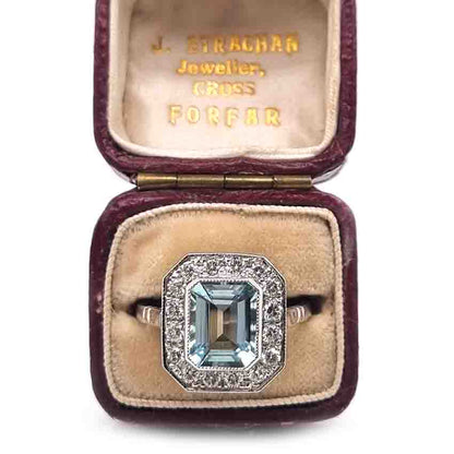 1.75ct Emerald Cut Aquamarine and Diamond Cluster Ring
