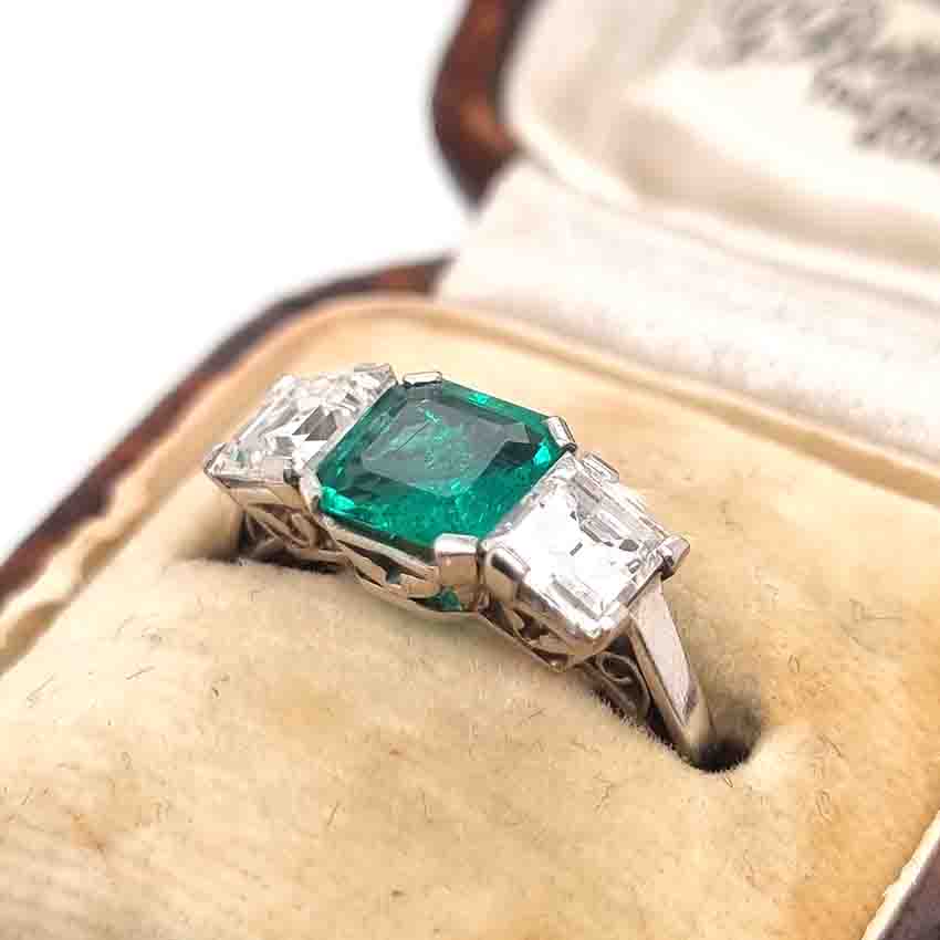 Art Deco Colombian Emerald and Diamond Trilogy Engagement Ring