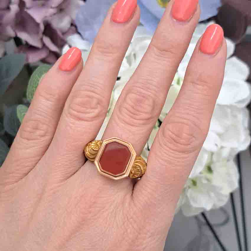 Antique Russian Large Size Mens Ring in 14 Carat Yellow gold With Carnelian
