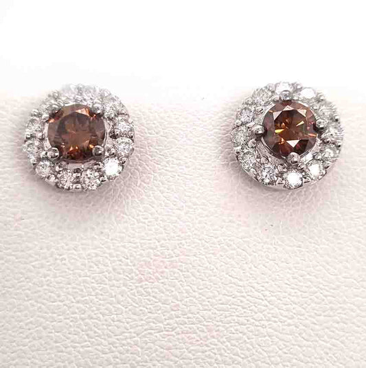 Vintage Cognac and White Diamond Cluster Stud Earrings