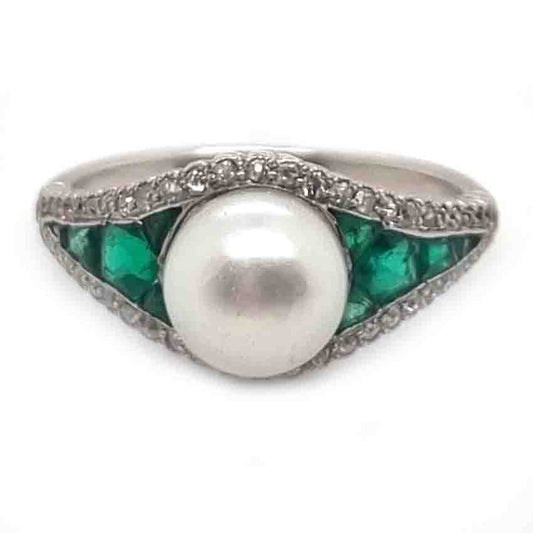 Art Deco Natural Pearl Emerald Diamond Cluster Ring