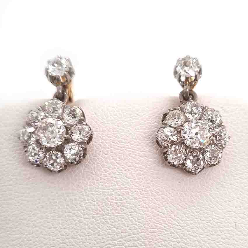 Antique French 2ct Old Cut Diamond Cluster Drop Earrings