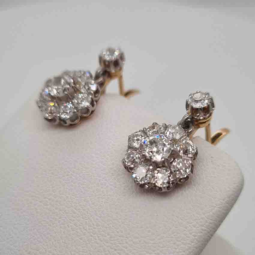 Antique French 2ct Old Cut Diamond Cluster Drop Earrings