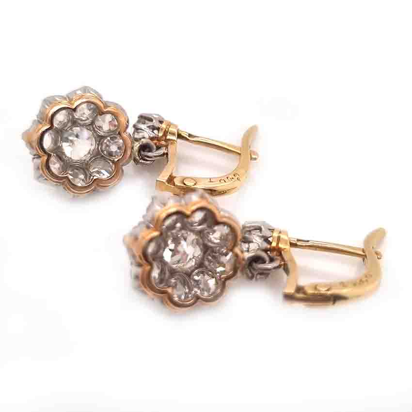 Antique French 2ct Old Cut Diamond Cluster Drop Earrings