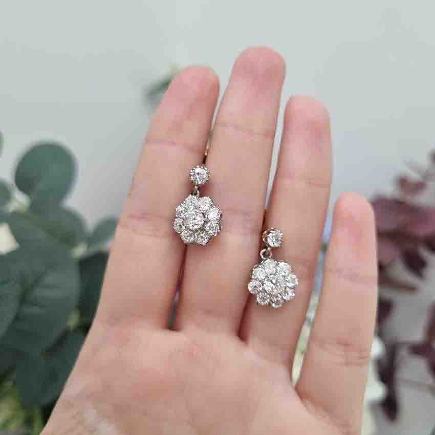 Antique French 2ct Old Cut Diamond Cluster Drop Earrings