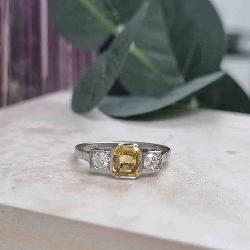 1.40ct Yellow Sapphire and Diamond Three Stone Engagement Ring in Platinum