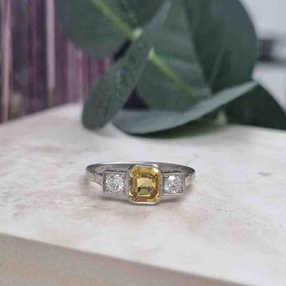 1.40ct Yellow Sapphire and Diamond Three Stone Engagement Ring in Platinum