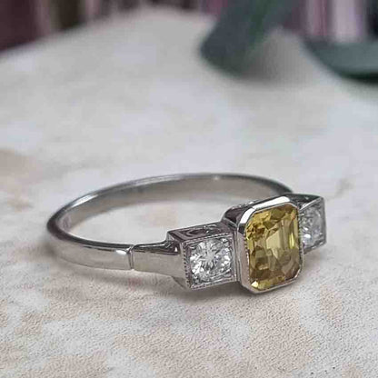 1.40ct Yellow Sapphire and Diamond Three Stone Trilogy Engagement Ring in Platinum