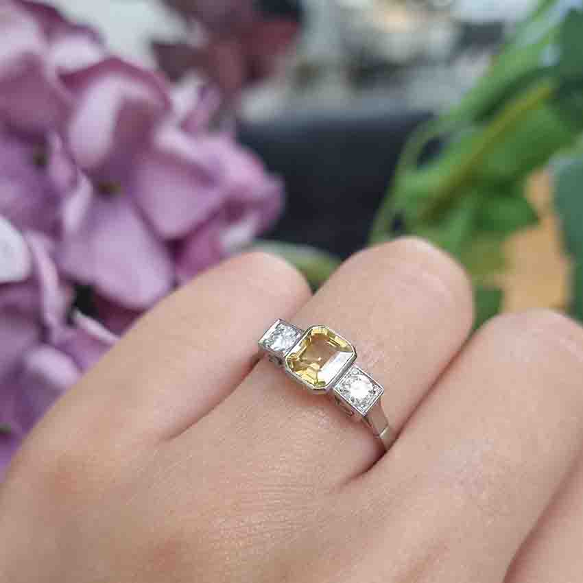 1.40ct Yellow Sapphire and Diamond Three Stone Engagement Ring in Platinum