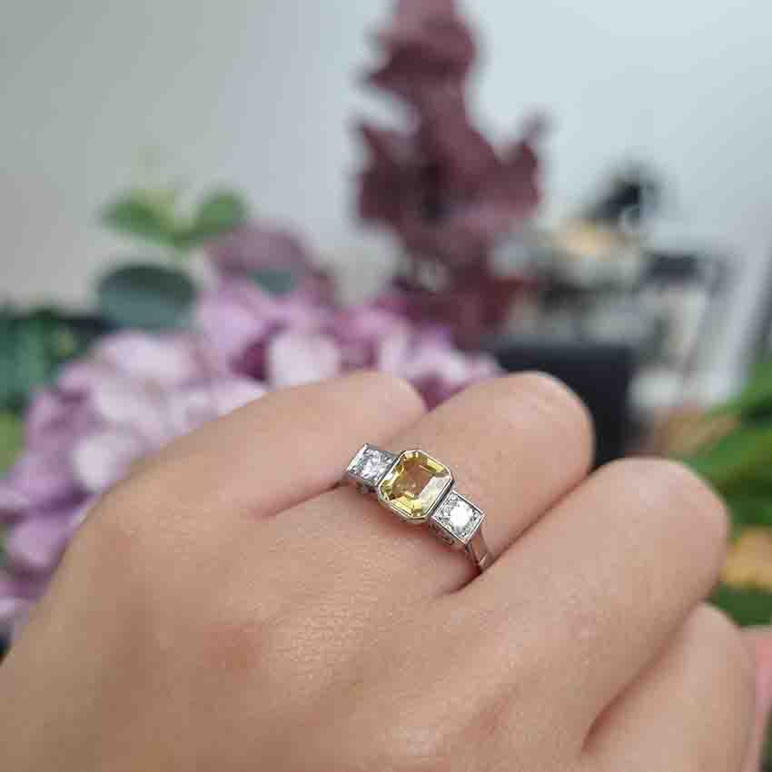 1.40ct Yellow Sapphire and Diamond Three Stone Engagement Ring in Platinum