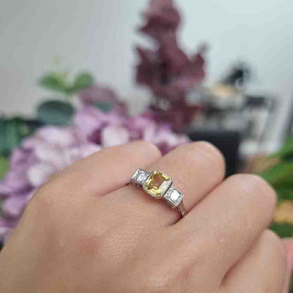 1.40ct Yellow Sapphire and Diamond Three Stone Engagement Ring in Platinum