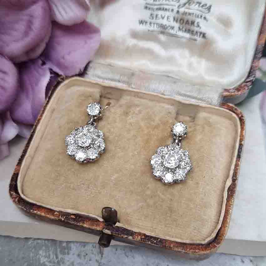 Antique French 2ct Old Cut Diamond Cluster Drop Earrings