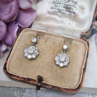 Antique French 2ct Old Cut Diamond Cluster Drop Earrings