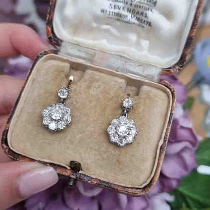 Antique French 2ct Old Cut Diamond Cluster Drop Earrings