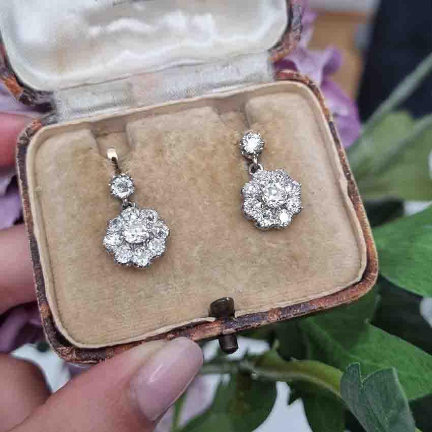 Antique French 2ct Old Cut Diamond Cluster Drop Earrings