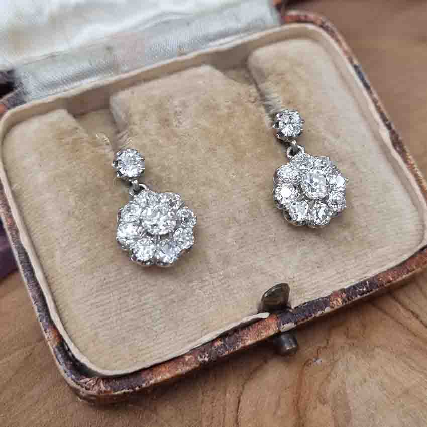 Antique French 2ct Old Cut Diamond Cluster Drop Earrings