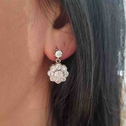 Antique French 2ct Old Cut Diamond Cluster Drop Earrings