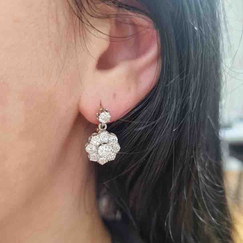 Antique French 2ct Old Cut Diamond Cluster Drop Earrings